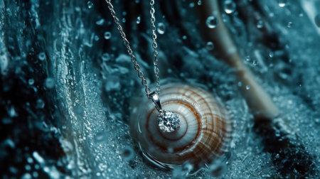 A stunning diamond pendant necklace rests on a spiral shell, surrounded by water droplets. This composition captures elegance and beauty in an aquatic setting.の素材