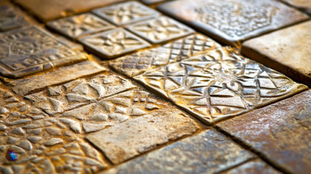 Close-up view of intricately designed textured tiles showcasing unique patterns and earthy colors, perfect for home and interior design inspiration.の素材