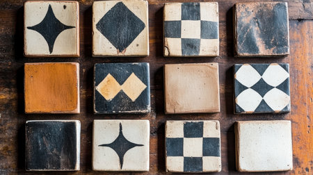 This image features a grid of vintage decorative tiles showcasing various unique patterns and textures, ideal for interior design inspiration and aesthetics.の素材