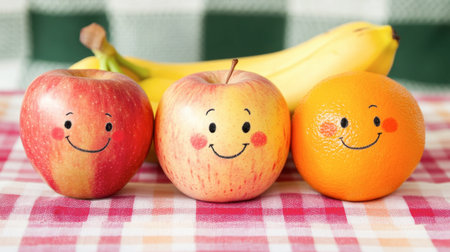 Three colorful fruits with smiling faces capture a playful and cheerful scene on a checkered tablecloth, perfect for celebrating happiness and health.の素材