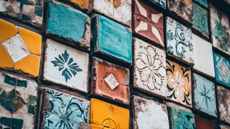 A vibrant arrangement of colorful vintage tiles showcases a rich mosaic pattern, ideal for backgrounds or decorative elements in design projects.の素材