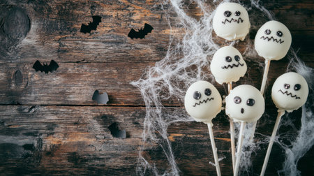Delightful Halloween-themed cake pops designed like cute ghosts, surrounded by spider web and bats, perfect for festive celebrations and spooky treats.の素材