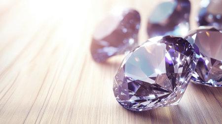 A captivating close-up of sparkling diamonds resting on a wooden surface, showcasing their clarity and brilliance. Perfect for luxury themes.の素材