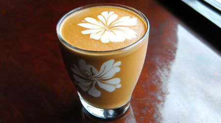 A stunning glass of latte featuring intricate flower art on top, perfect for coffee lovers seeking an aesthetically pleasing beverage experience.の素材