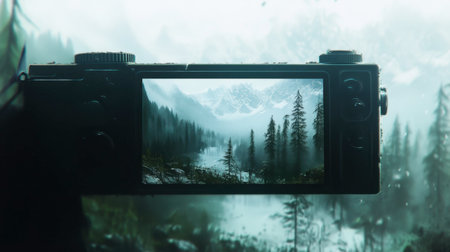 A captivating camera captures a tranquil landscape, showcasing majestic mountains and a serene river. Perfect for nature enthusiasts and photographers.の素材