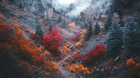 A stunning display of autumn colors illuminates a serene mountain valley, showcasing vibrant red, orange, and yellow foliage among the rocky landscape.の素材