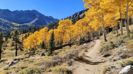 A picturesque trail winds through a vibrant forest of golden aspen trees, set against majestic mountains under a clear blue sky, perfect for outdoor adventures.の素材