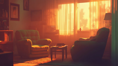 This image captures a warm and inviting living room bathed in sunset light. Soft shadows and cozy furniture create a tranquil atmosphere for relaxation.の素材