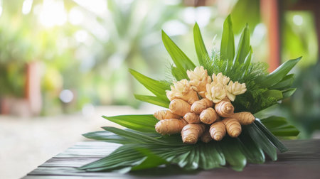 A beautiful tropical arrangement featuring flowers and lush greenery, perfect for enhancing any natural decor or refreshing ambiance.の素材
