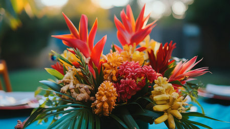 This vibrant floral arrangement showcases an array of tropical blooms in stunning colors, perfect for celebrations or adding beauty to any outdoor setting.の素材