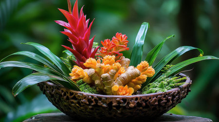 A vibrant tropical floral arrangement featuring red and orange blossoms in a natural bowl. Perfect for enhancing decor with a touch of nature's beauty.の素材