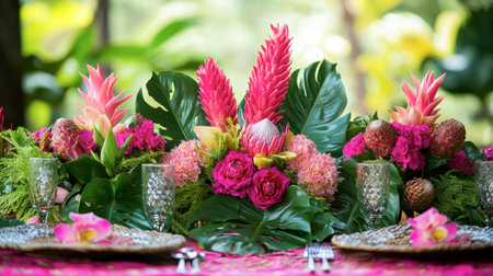 This stunning floral arrangement features vibrant pink flowers and lush greenery, perfect for a stylish and elegant table setting for any special occasion.の素材