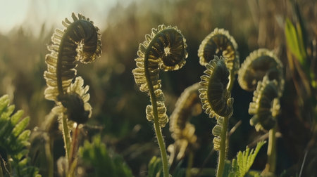 Beautiful ferns unfurling in warm sunshine create a tranquil scene, showcasing nature's intricate patterns and vibrant greenery in a serene environment.の素材