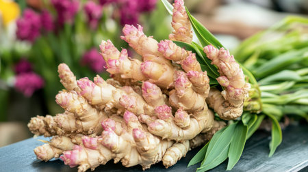 A close-up view of fresh ginger roots with vibrant green leaves displayed in a market. Ideal for culinary and health-related themes, this image captures freshness and organic produce.の素材
