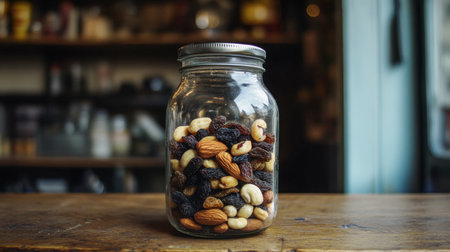 A glass jar filled with an assortment of mixed nuts and raisins sits on a wooden table. This image showcases healthy snacking options in a rustic setting.の素材