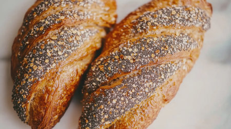 These freshly baked artisan bread loaves showcase a perfect golden crust and delightful seed topping, ideal for any culinary setting or food photography.の素材
