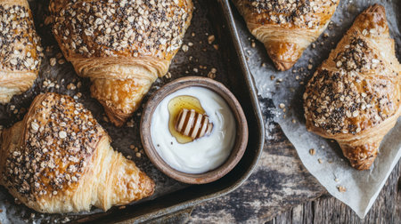 Delight in these freshly baked croissants topped with oats, served with a honey dip and yogurt in a rustic setting. Perfect for breakfasts or brunch gatherings.の素材