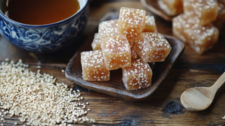 A cozy presentation of sesame candy next to a warm cup of tea on a rustic wooden table, ideal for showcasing comfort and indulgence in culinary delights.の素材