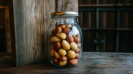 A glass jar brimming with assorted nuts placed on a rustic wooden tabletop, showcasing natural elements and healthy snack choices in a warm atmosphere.の素材