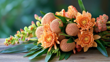 A stunning arrangement of vibrant orange flowers and rich foliage, perfect for enhancing any space with natural beauty and bright colors. Ideal for decor.の素材