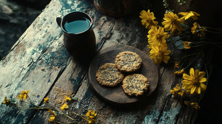 A charming arrangement of fresh cookies and milk on a rustic wooden table, surrounded by vibrant yellow flowers, creating a warm and inviting atmosphere.の素材
