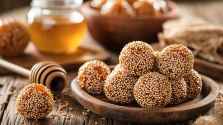 A beautifully arranged plate of sweet sesame candy balls drizzled with honey, set on a rustic wooden table, perfect for food lovers and culinary enthusiasts.の素材