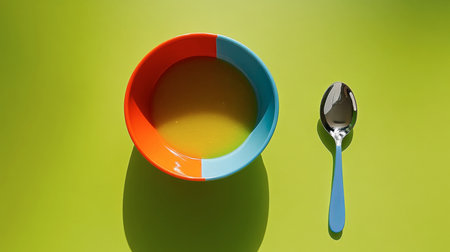 A colorful bowl filled with soup and a spoon rests on a vibrant green surface, showcasing modern design and minimalistic kitchen aesthetics.の素材