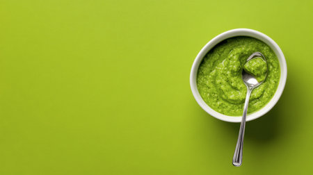 A vibrant green dip served in a white bowl with a spoon, perfect for appetizers or snacks. The dip showcases a creamy texture on a bright backdrop.の素材