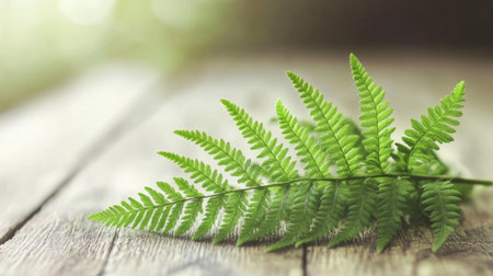 A vibrant green fern resting gracefully on a rustic wooden surface, capturing the essence of nature and tranquility. Perfect for environmental themes.の素材