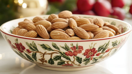 A beautifully decorated bowl filled with almonds, perfect for holiday gatherings. The festive background enhances the cozy, seasonal feel of the image.の素材