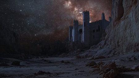 A stunning view of a mysterious castle set against a starry sky. The scene showcases an enchanting blend of ruin and cosmic beauty, perfect for fantasy-inspired projects.の素材
