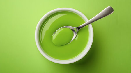 A close-up view of a bowl filled with vibrant green liquid. The silver spoon rests gently on the surface, highlighting the smooth texture and fresh color. Perfect for culinary use.の素材
