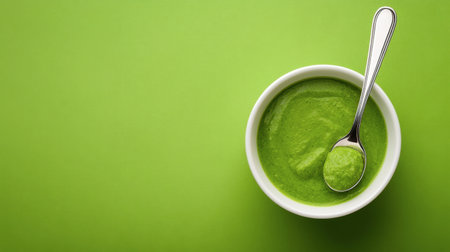 A vibrant green smoothie served in a white bowl with a silver spoon. This fresh and healthy drink is perfect for nutrition enthusiasts and visually appealing.の素材