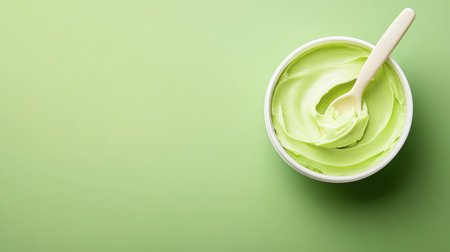 A vibrant bowl of creamy green dessert, featuring a smooth texture and a spoon for easy serving. Perfect for summer indulgence or healthy treats.の素材