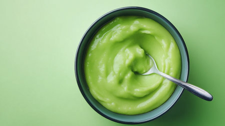 A vibrant creamy green sauce in a bowl with a silver spoon. Perfect for dishes that need a fresh and healthy touch, ideal for culinary photography.の素材
