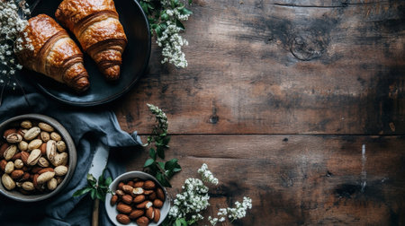 A beautiful arrangement of fresh croissants and mixed nuts on a rustic wooden table. Ideal for showcasing delicious breakfast or snack ideas.の素材