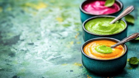 Three vibrant bowls of fresh vegetable purees showcase a colorful array of flavors, perfect for healthy meals or culinary presentations. Ideal for food photography.の素材