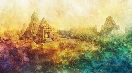 A stunning artistic representation of ancient temples, featuring vibrant colors and soft textures. This piece captures the serene beauty of historic architecture in a dreamlike landscape.の素材