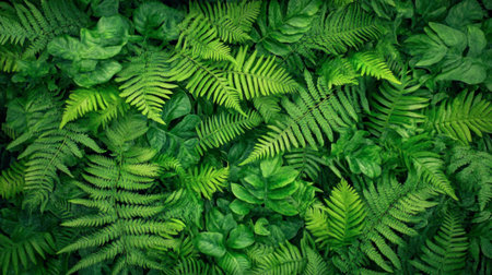 A close-up view of lush green ferns and leaves, creating a vibrant and refreshing natural backdrop. Perfect for nature-themed projects and designs.の素材