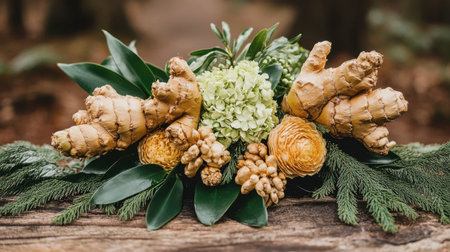 This stunning floral arrangement features fresh ginger intertwined with vibrant greenery and delicate blooms, perfect for rustic decor or natural themes.の素材