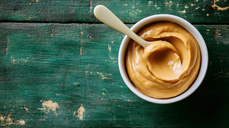 A smooth, creamy peanut butter in a white bowl accompanied by a spoon, set against a rustic green wood background. Perfect for culinary use.の素材