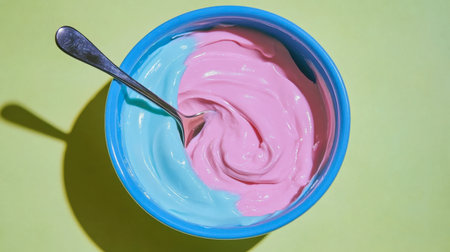 A vibrant bowl filled with swirls of pink and blue creamy mixture, showcasing a playful and colorful dessert option. Perfect for culinary inspiration.の素材