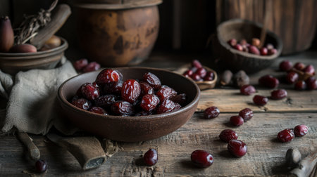 Discover a rustic still life featuring dates in a clay bowl, accentuated by a warm wooden backdrop. This image captures the essence of healthy snacking in a cozy kitchen setting.の素材