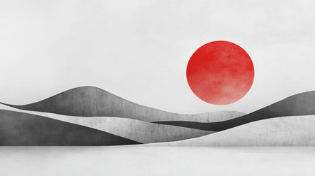 This abstract landscape features a striking red sun setting over soft gray hills, creating a serene and minimalist scene ideal for artistic design projects.の素材