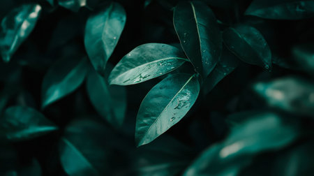 A close-up of dark green leaves adorned with water droplets, showcasing nature's beauty. Ideal for themes of growth, tranquility, and eco-friendliness.の素材