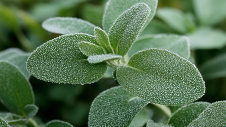 Close-up of fresh green leaves adorned with dew drops, showcasing the beauty of nature. Ideal for botanical and eco-friendly themes, evoking freshness.の素材