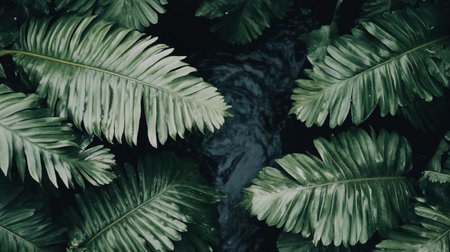 A serene top view of lush green leaves framing a dark water surface. This image captures the beauty of nature, evoking tranquility and organic elegance.の素材