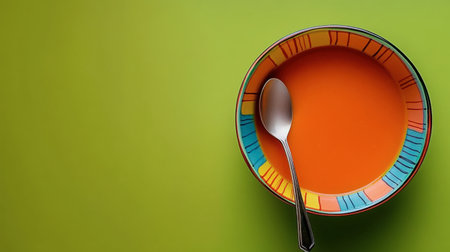 A vibrant bowl filled with orange soup sits on a colorful green background, showcasing a sleek spoon. Ideal for food-related content and culinary projects.の素材