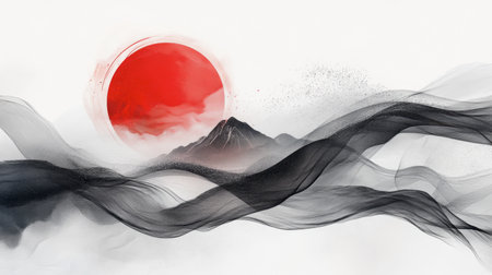 This abstract landscape features a dramatic red sun setting behind a mountain, surrounded by flowing black waves, evoking serenity and calmness.の素材