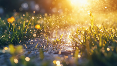 A stunning view of vibrant grass glistening with raindrops under a warm sunset. The sparkling droplets create a magical atmosphere perfect for nature lovers.の素材